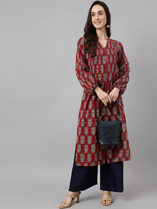 Janasya Women's Maroon Cotton Floral Printed Casual Flared Kurta - Distacart