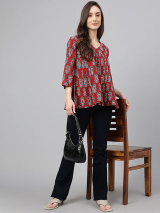 Janasya Women's Maroon Cotton Floral Block Print Flared Top - Distacart