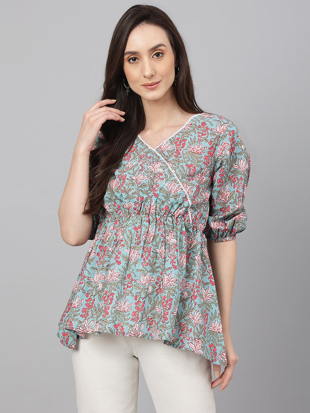 Janasya Women's Aqua Blue Cotton Floral Print Peplum Top - Distacart