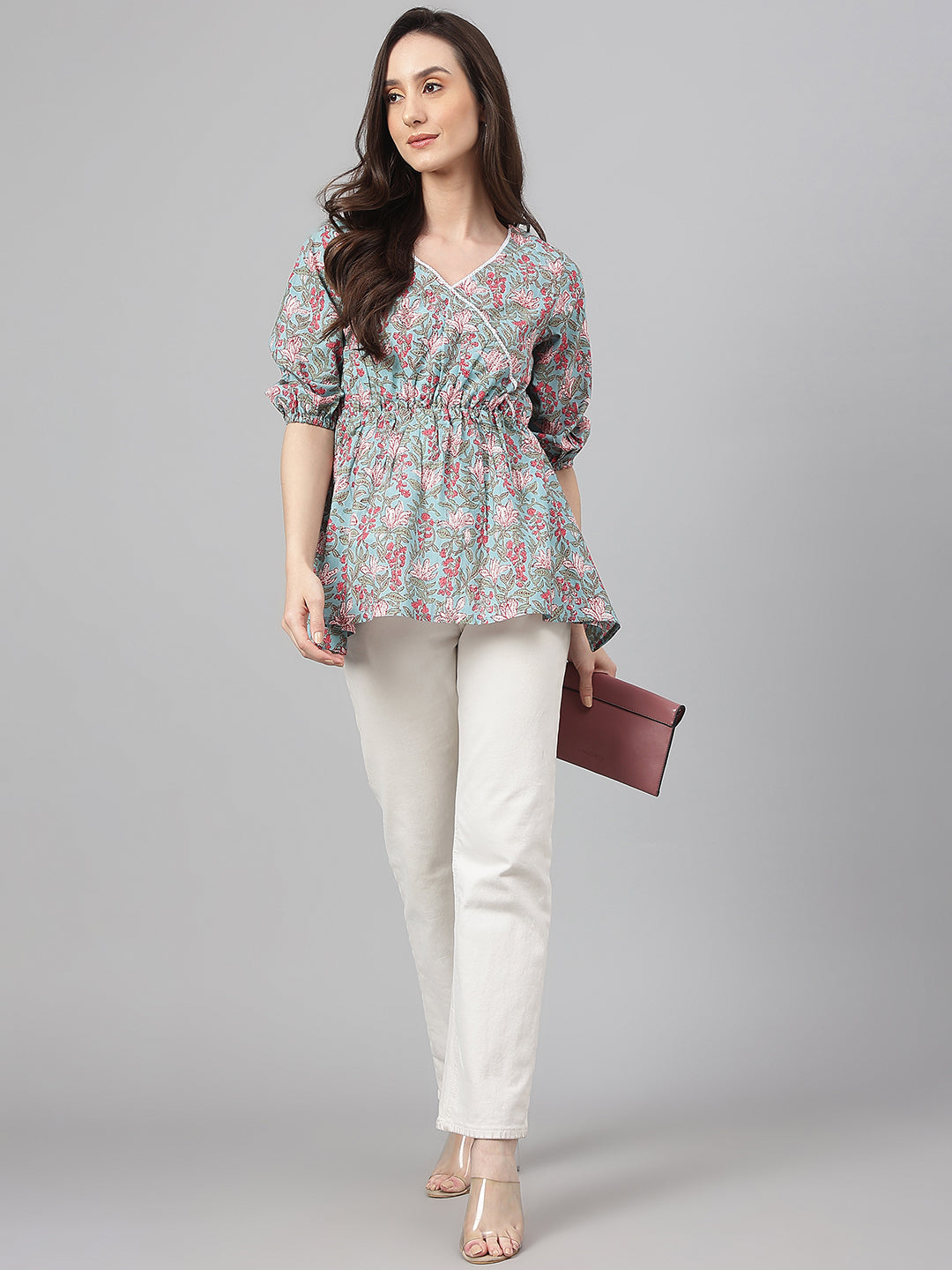 Janasya Women's Aqua Blue Cotton Floral Print Peplum Top - Distacart