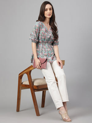 Janasya Women's Aqua Blue Cotton Floral Print Peplum Top - Distacart