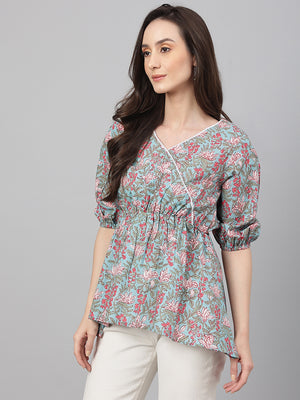 Janasya Women's Aqua Blue Cotton Floral Print Peplum Top - Distacart