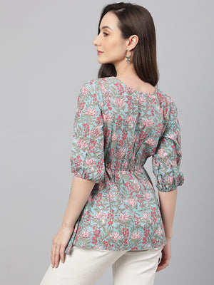 Janasya Women's Aqua Blue Cotton Floral Print Peplum Top - Distacart