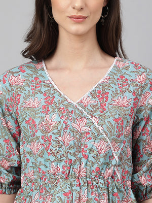 Janasya Women's Aqua Blue Cotton Floral Print Peplum Top - Distacart