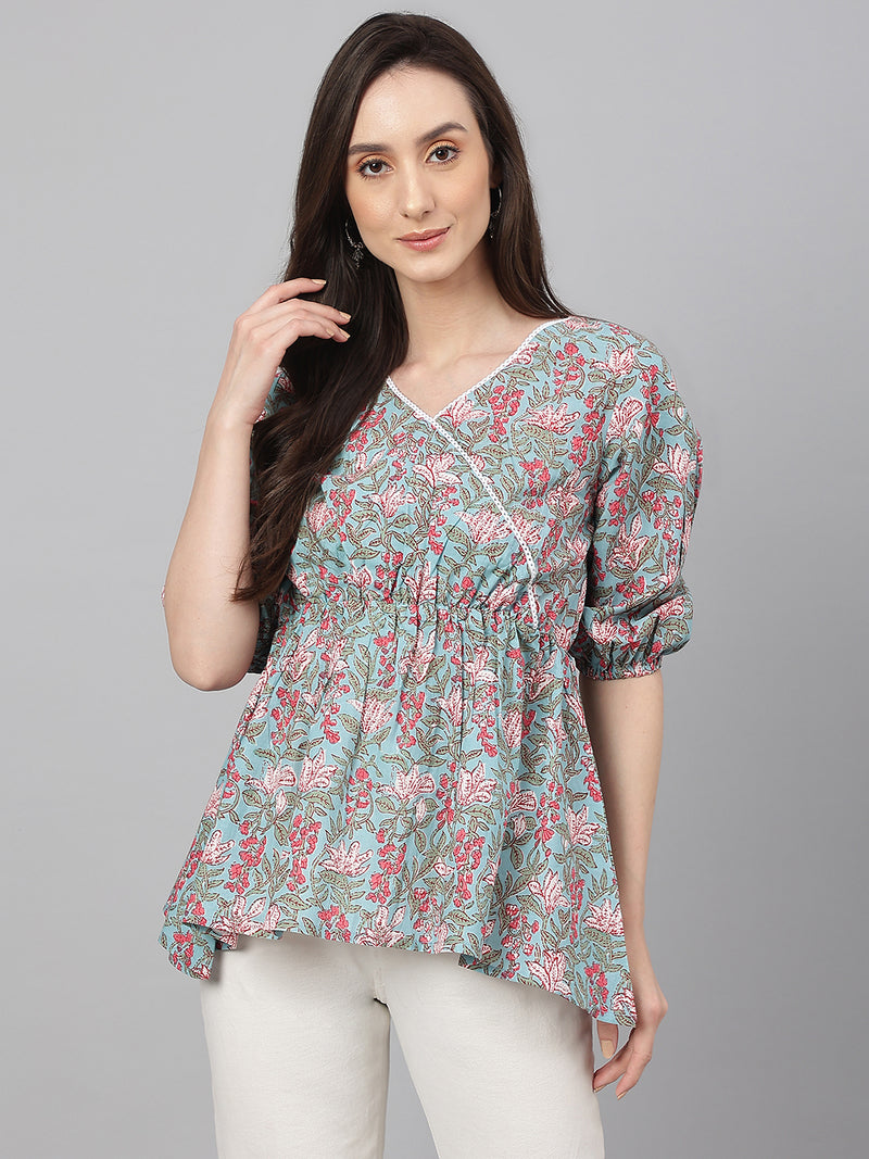 Janasya Women&#39;s Aqua Blue Cotton Floral Print Peplum Top - Distacart