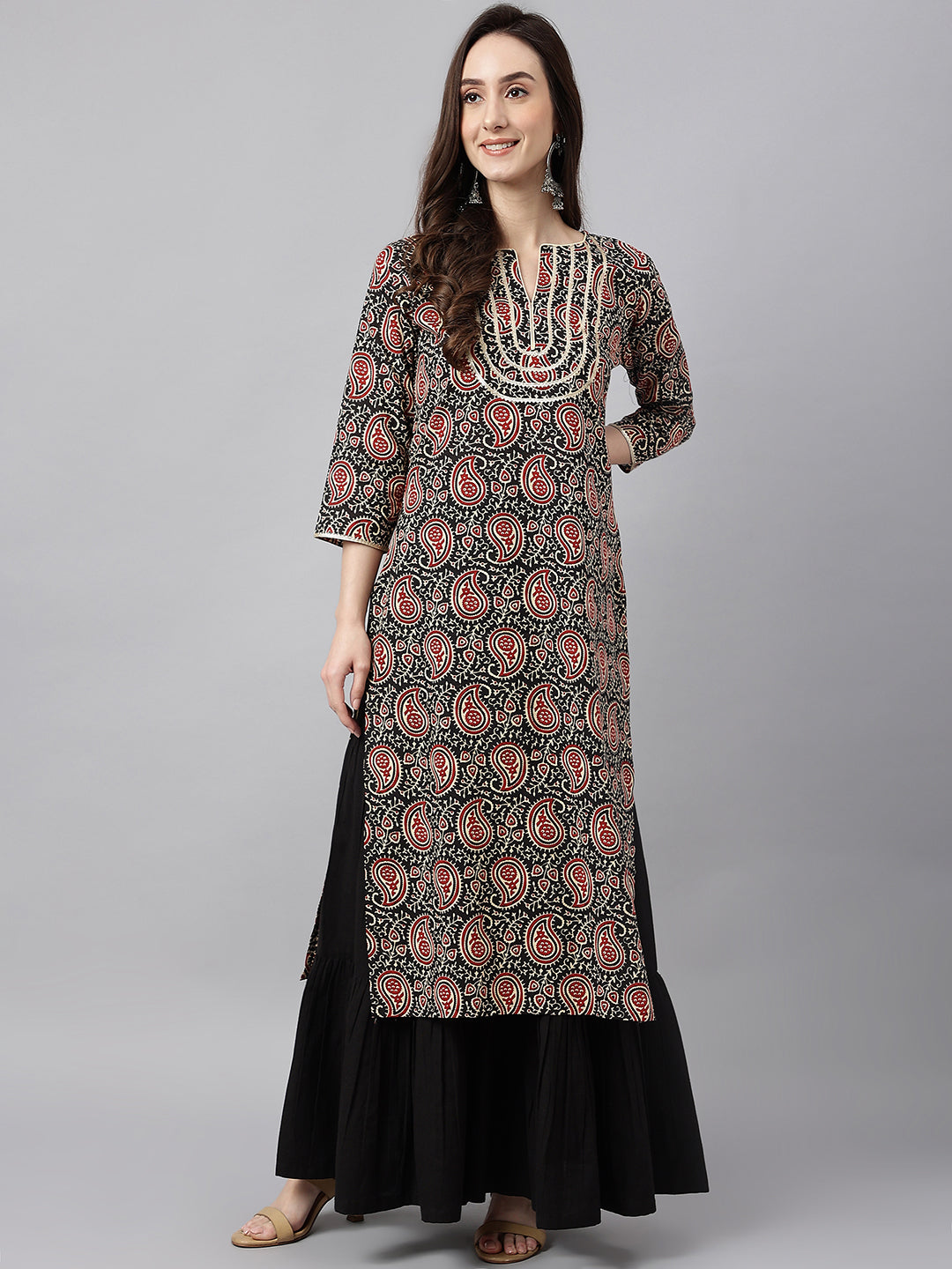 Janasya Women's Black Cotton Paisley Printed Casual Straight Kurta - Distacart