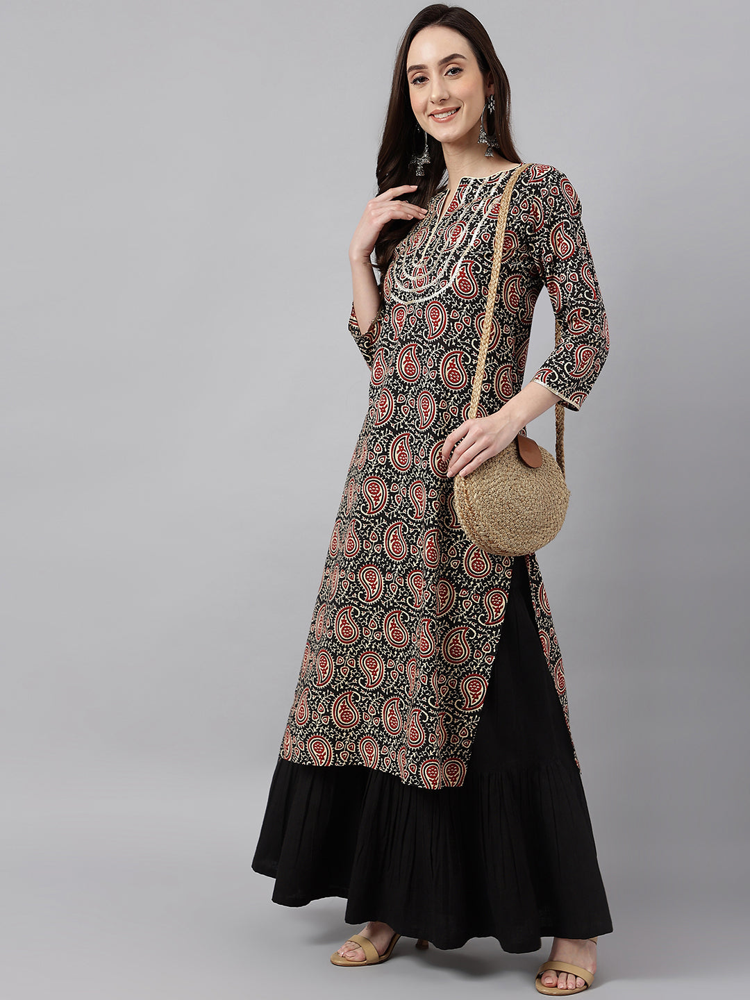 Janasya Women's Black Cotton Paisley Printed Casual Straight Kurta - Distacart