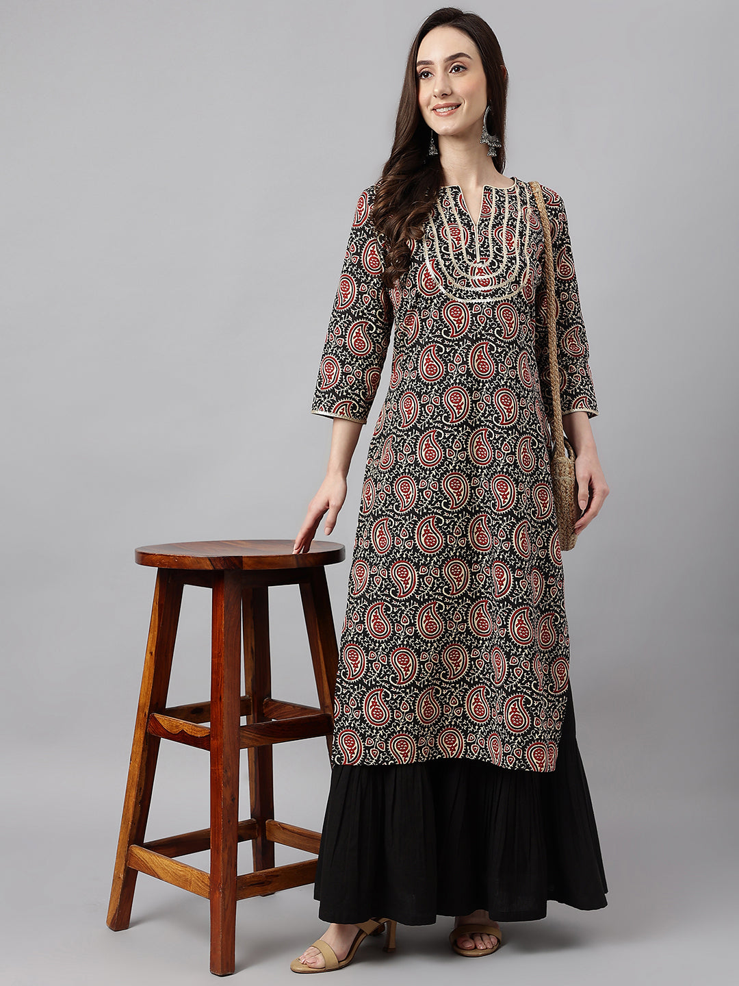 Janasya Women's Black Cotton Paisley Printed Casual Straight Kurta - Distacart