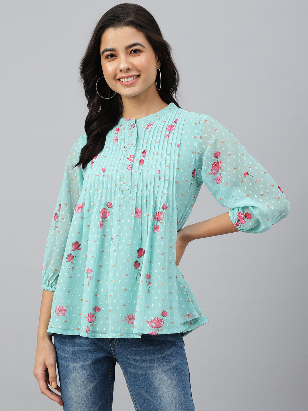 Janasya Women's Sea Green Dobby Georgette Floral Print Flared Top - Distacart