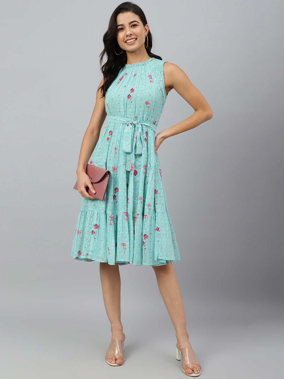 Janasya Women's Sea Green Dobby Georgette Floral Printed Tiered Western Dress - Distacart