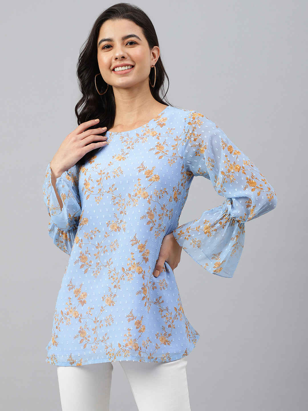 Janasya Women's Sky Blue Dobby Georgette Digital Print A-Line Top - Distacart