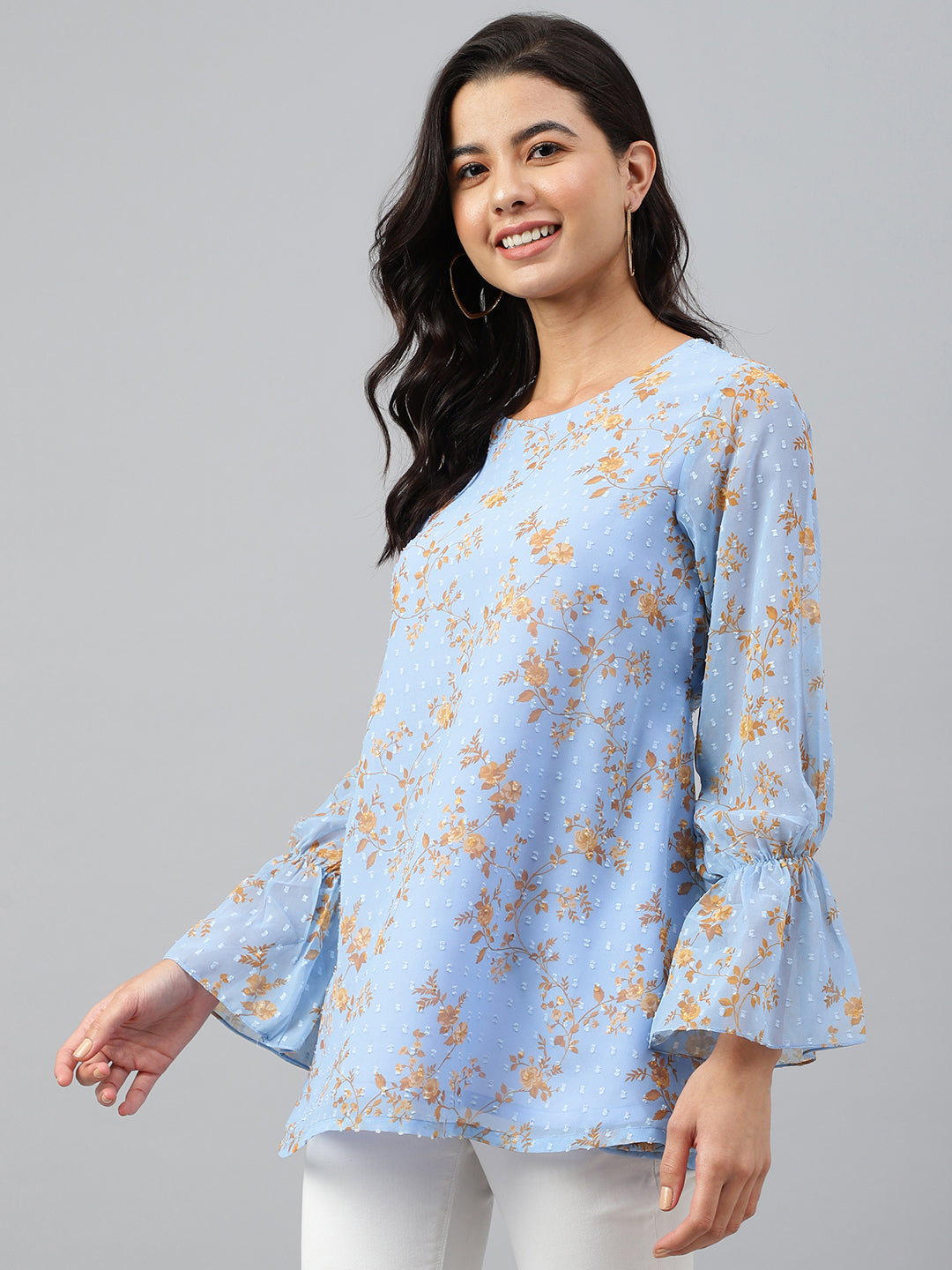 Janasya Women's Sky Blue Dobby Georgette Digital Print A-Line Top - Distacart