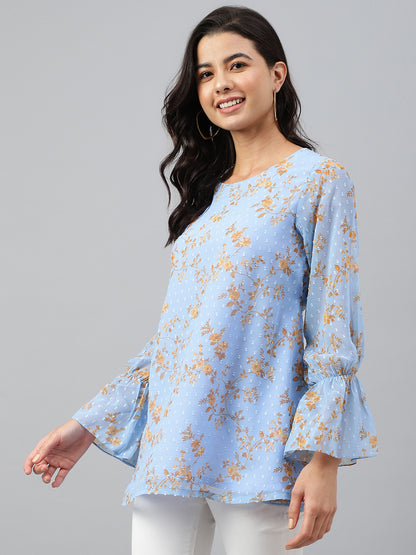 Janasya Women's Sky Blue Dobby Georgette Digital Print A-Line Top - Distacart