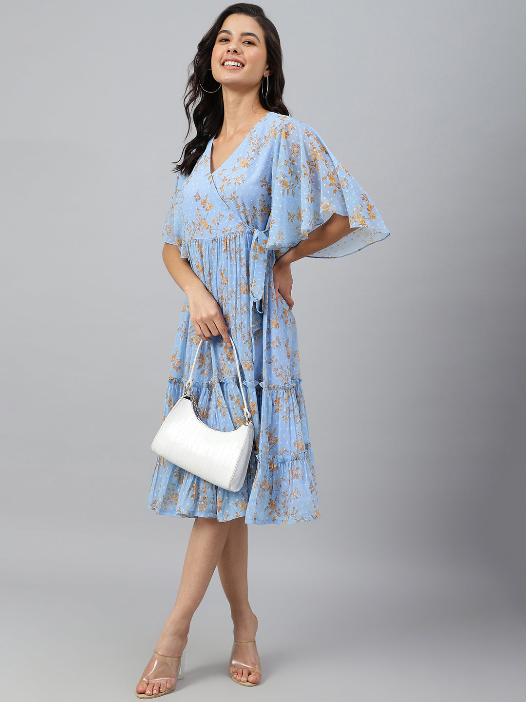 Janasya Women's Sky Blue Dobby Georgette Digital Print Flared Western Dress - Distacart