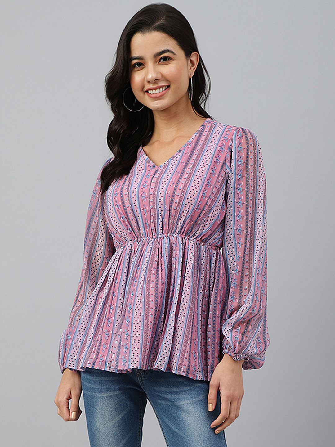 Janasya Women's Pink Dobby Georgette Digital Print Peplum Top - Distacart