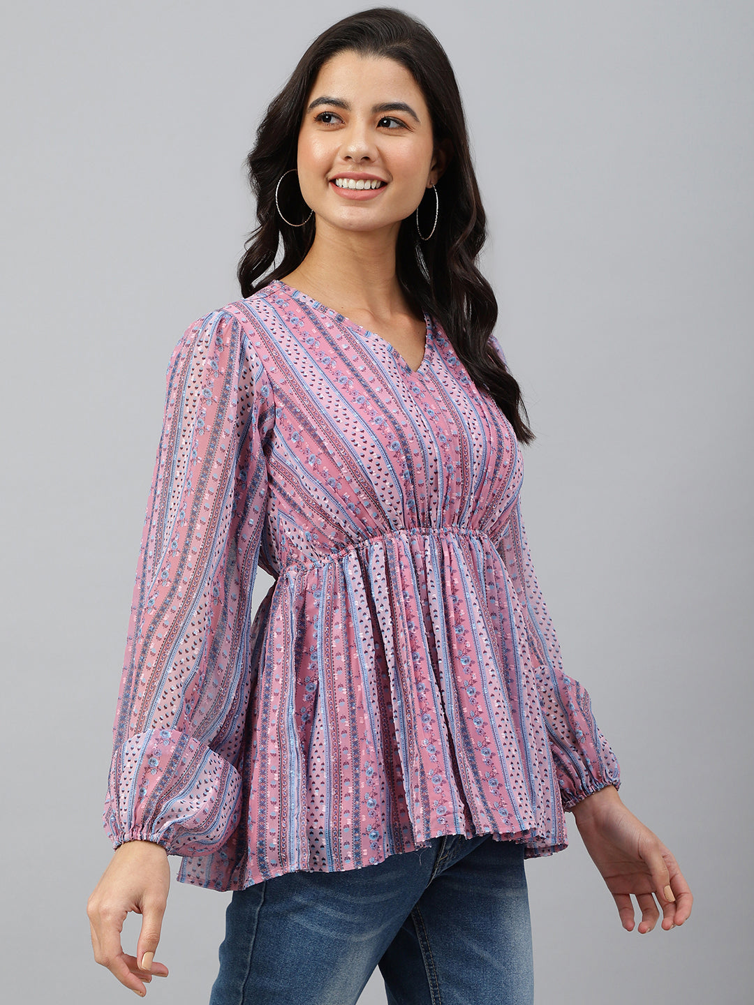 Janasya Women's Pink Dobby Georgette Digital Print Peplum Top - Distacart