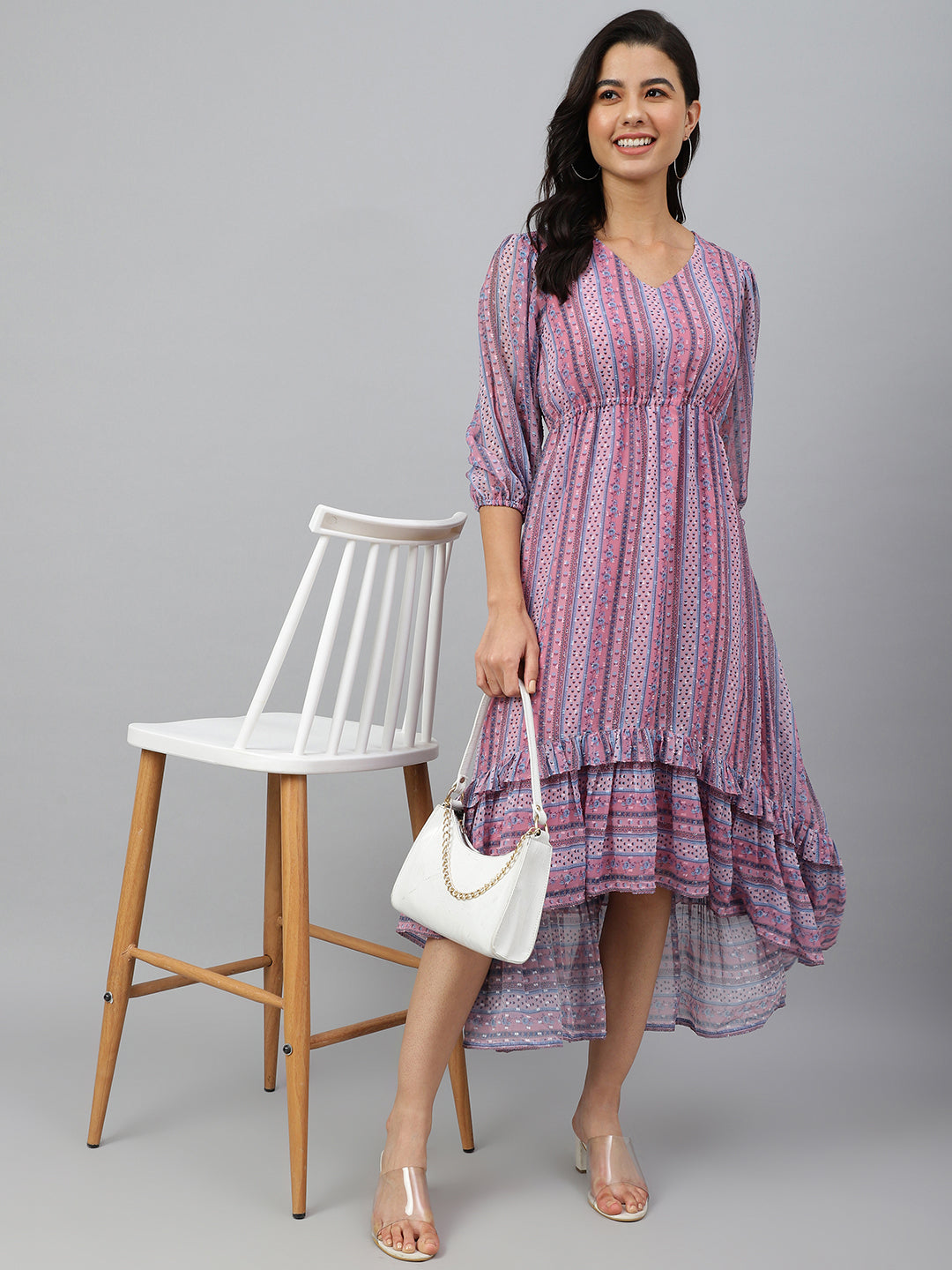 Janasya Women's Pink Dobby Georgette Digital Print High Low Western Dress - Distacart