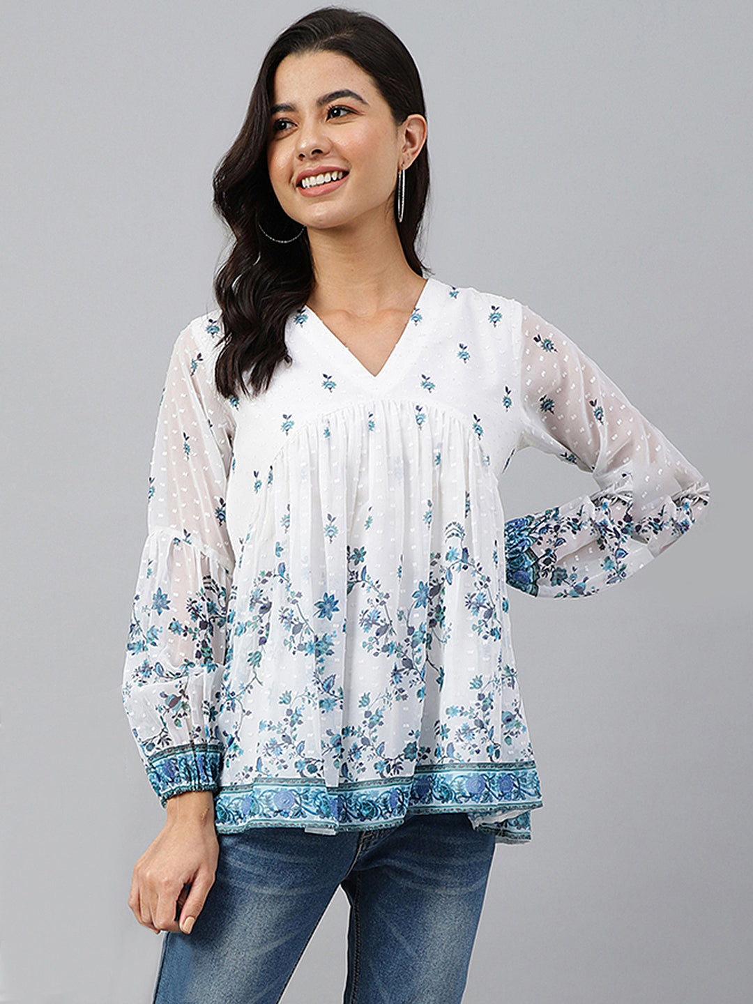 Janasya Women's White Georgette Digital Print Flared Top - Distacart