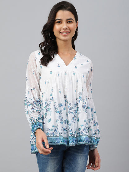 Janasya Women's White Georgette Digital Print Flared Top - Distacart