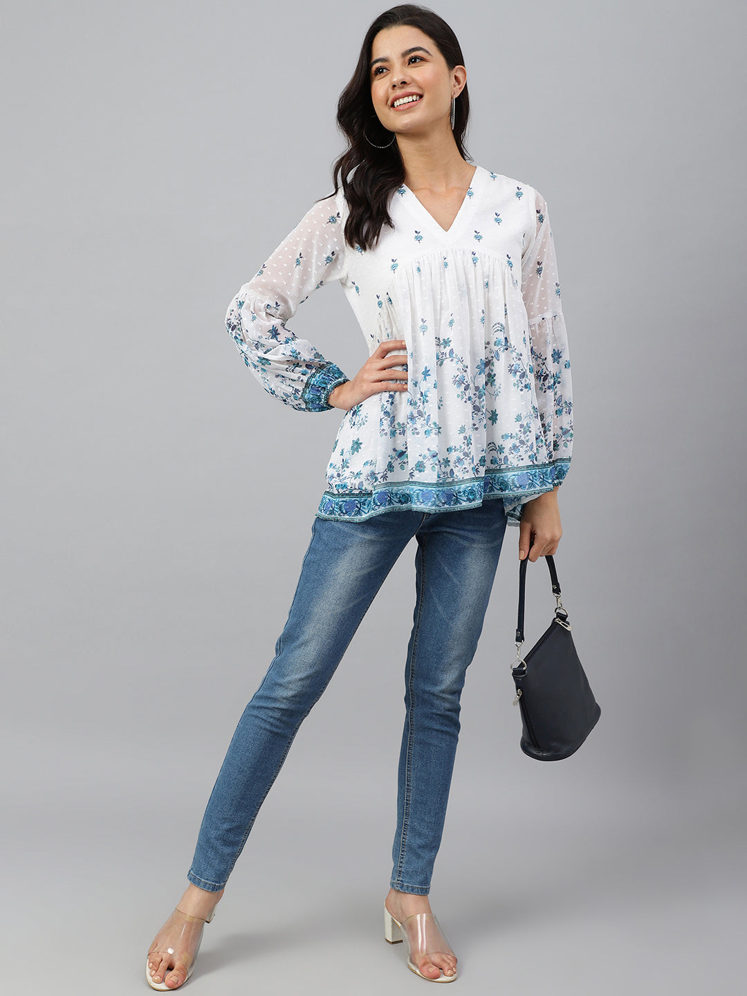 Janasya Women's White Georgette Digital Print Flared Top - Distacart