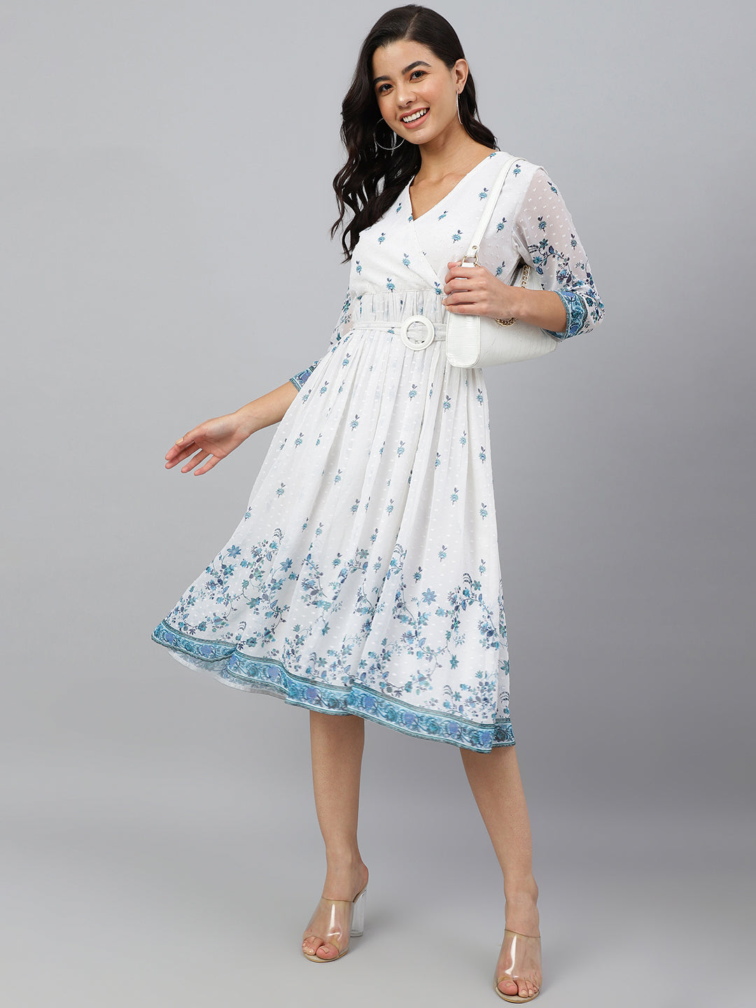 Janasya Women's White Georgette Digital Printed Flared Western Dress - Distacart