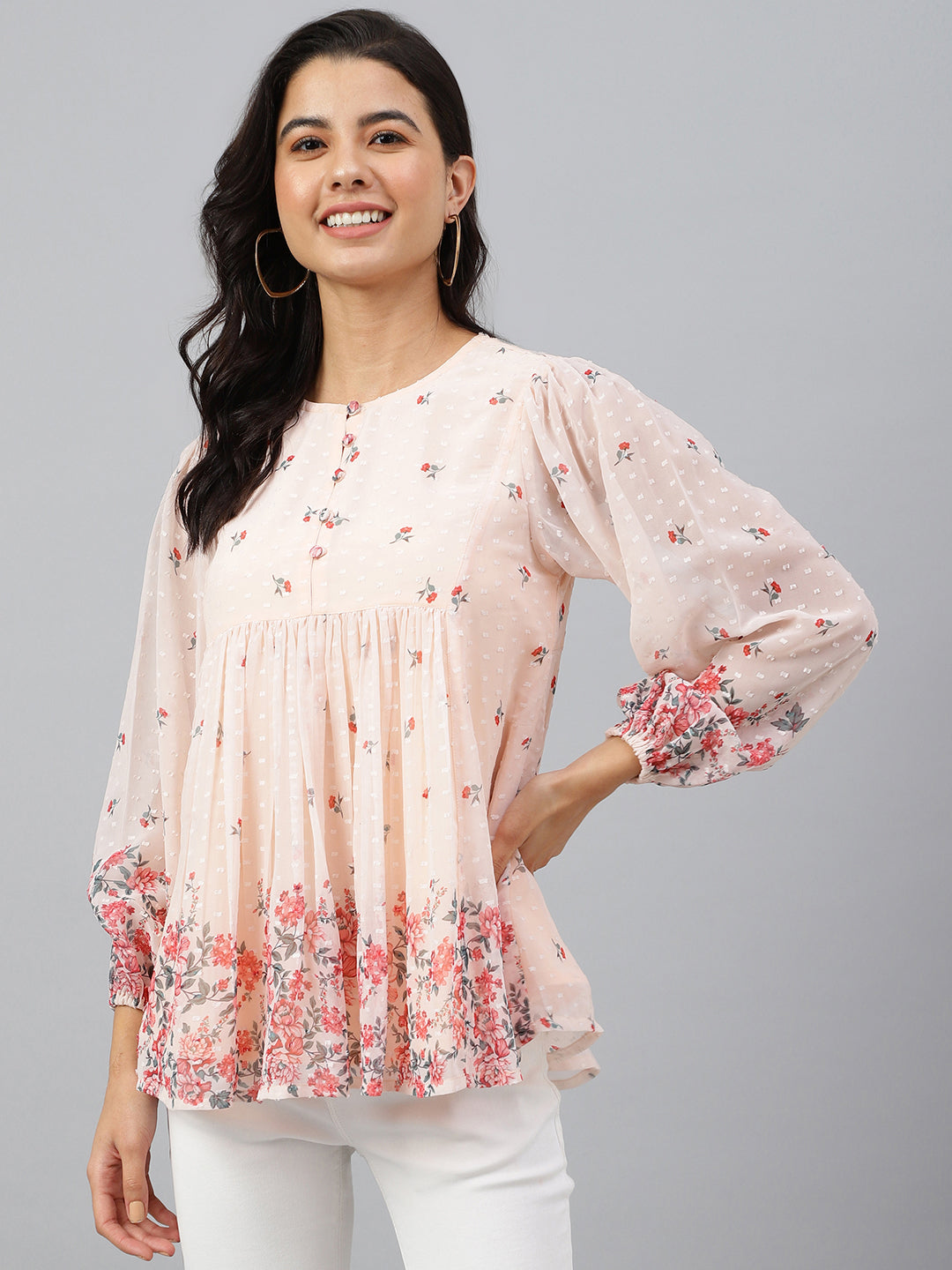 Janasya Women's Peach Georgette Floral Print Flared Top - Distacart