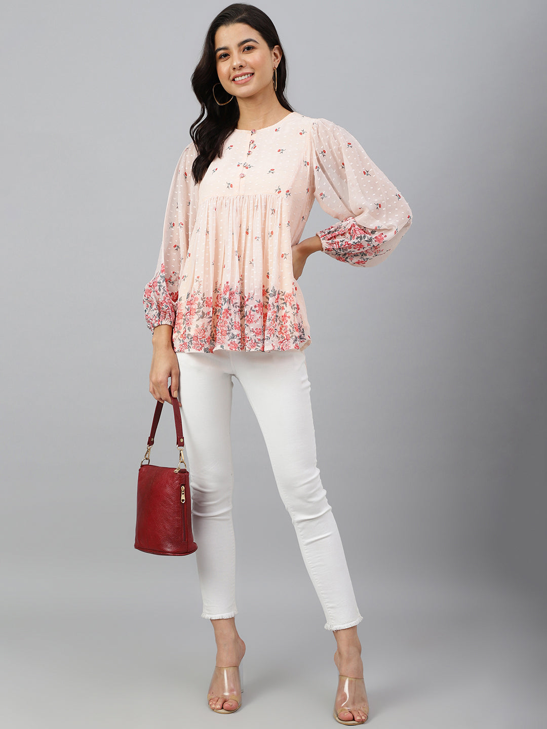 Janasya Women's Peach Georgette Floral Print Flared Top - Distacart