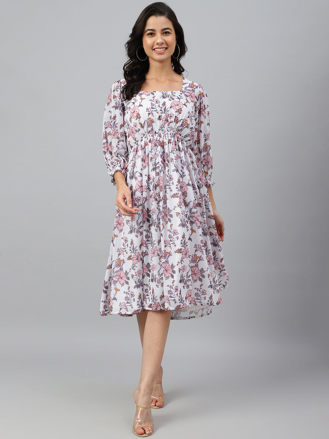 Janasya Women's White Georgette Floral Printed Flared Western Dress - Distacart