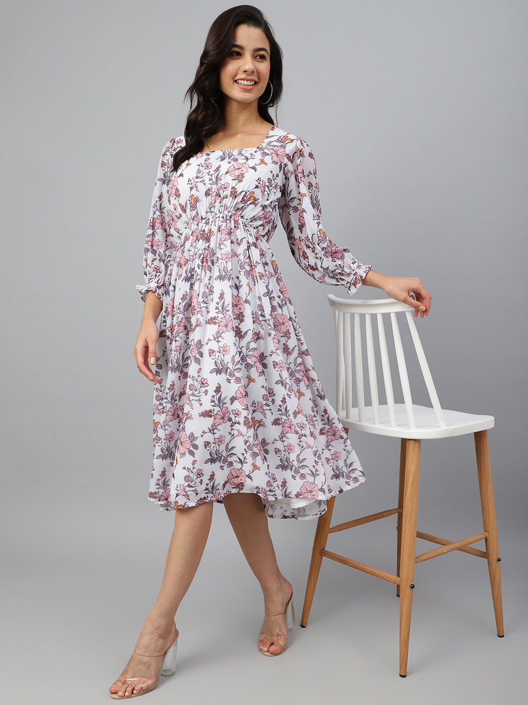 Janasya Women's White Georgette Floral Printed Flared Western Dress - Distacart