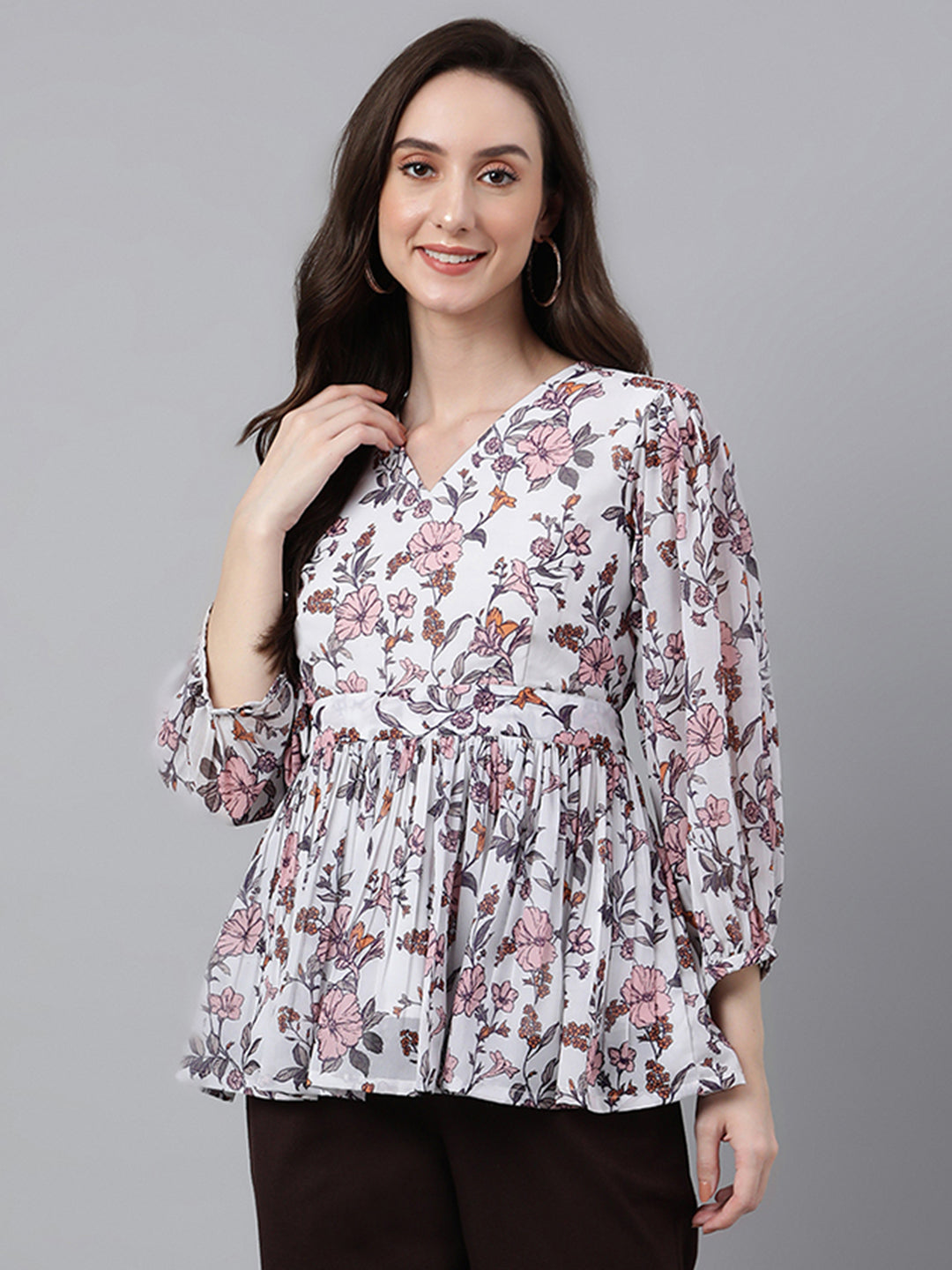 Janasya Women's White Georgette Floral Print Peplum Top - Distacart