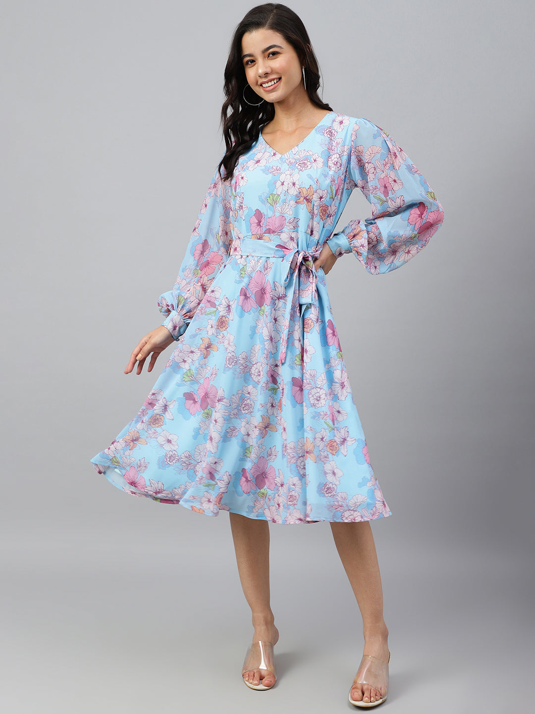 Janasya Women's Sky Blue Georgette Floral Printed Flared Western Dress - Distacart
