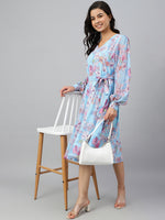 Thumbnail for Janasya Women's Sky Blue Georgette Floral Printed Flared Western Dress - Distacart