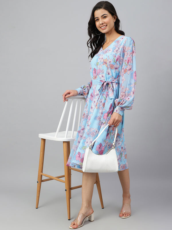 Janasya Women's Sky Blue Georgette Floral Printed Flared Western Dress - Distacart
