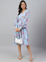 Thumbnail for Janasya Women's Sky Blue Georgette Floral Printed Flared Western Dress - Distacart
