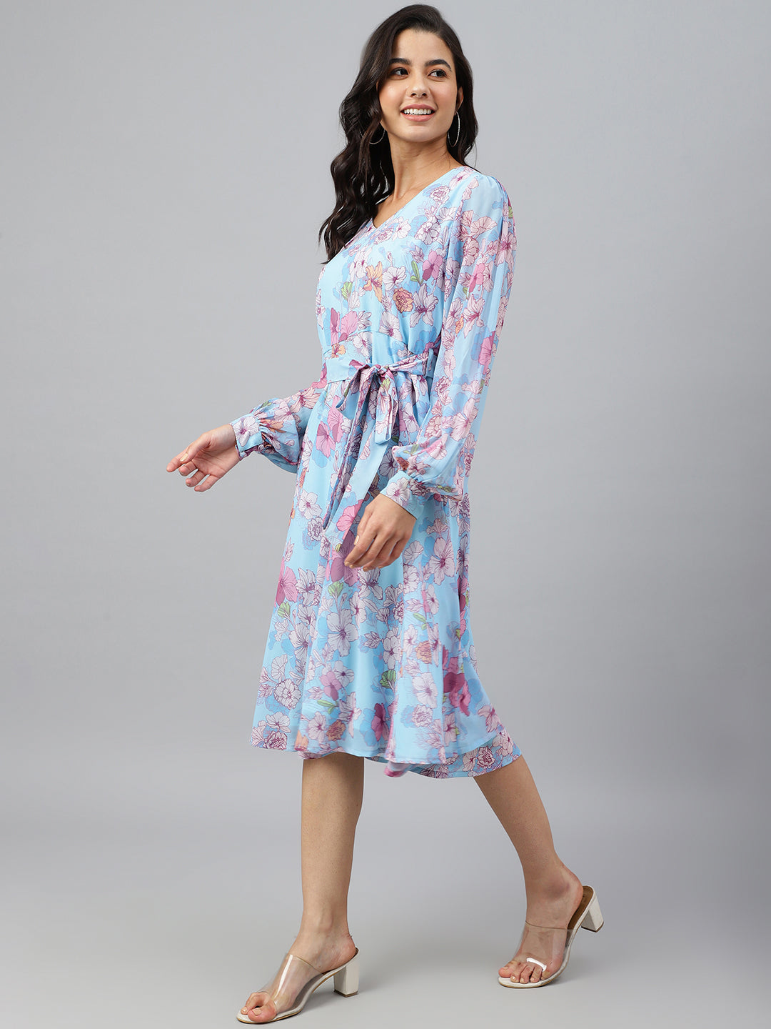 Janasya Women's Sky Blue Georgette Floral Printed Flared Western Dress - Distacart