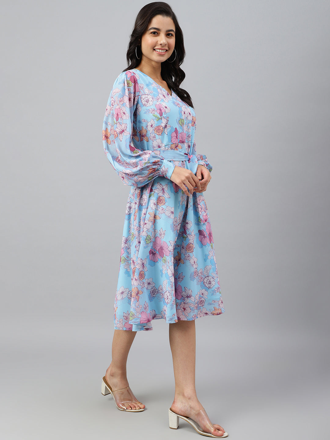 Janasya Women's Sky Blue Georgette Floral Printed Flared Western Dress - Distacart
