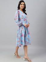 Thumbnail for Janasya Women's Sky Blue Georgette Floral Printed Flared Western Dress - Distacart