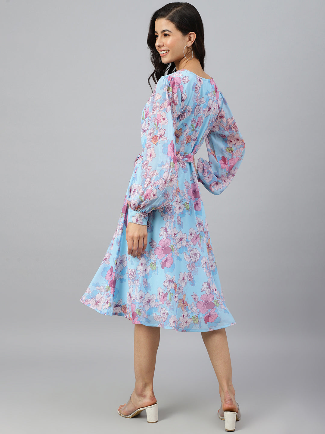 Janasya Women's Sky Blue Georgette Floral Printed Flared Western Dress - Distacart