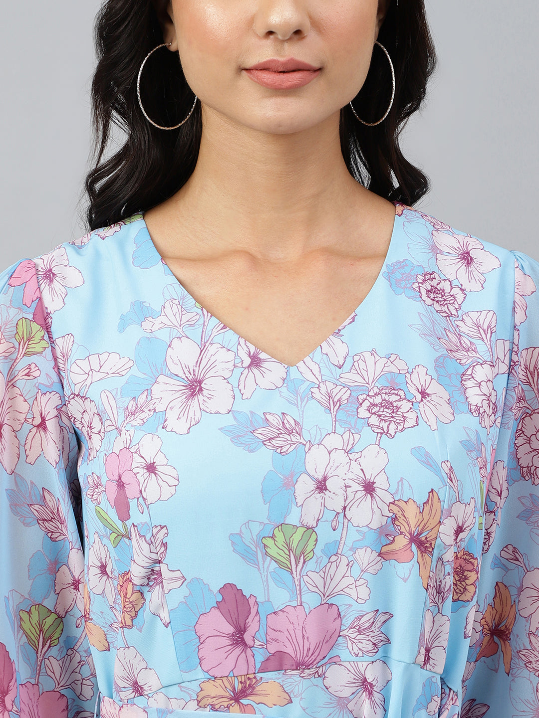 Janasya Women's Sky Blue Georgette Floral Printed Flared Western Dress - Distacart