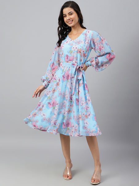Janasya Women's Sky Blue Georgette Floral Printed Flared Western Dress - Distacart