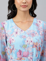 Thumbnail for Janasya Women's Sky Blue Georgette Floral Printed Flared Western Dress - Distacart