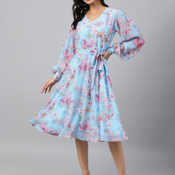 Janasya Women's Sky Blue Georgette Floral Printed Flared Western Dress - Distacart