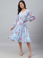 Thumbnail for Janasya Women's Sky Blue Georgette Floral Printed Flared Western Dress - Distacart