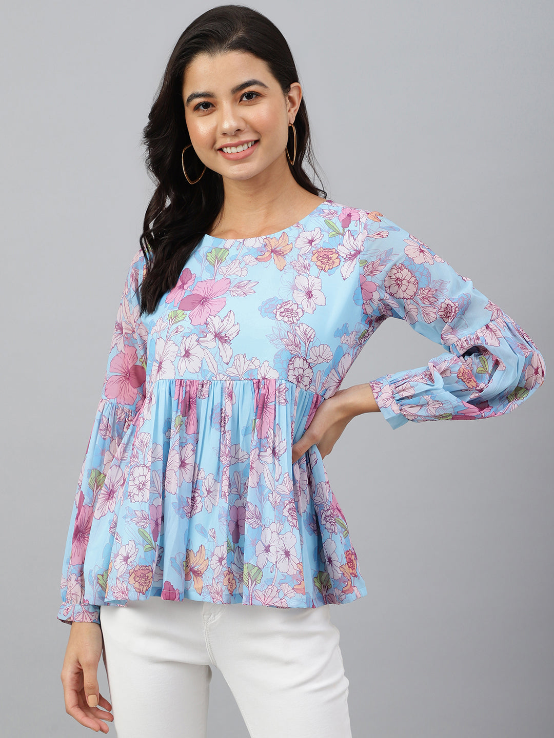 Janasya Women's Sky Blue Georgette Floral Print Flared Top - Distacart