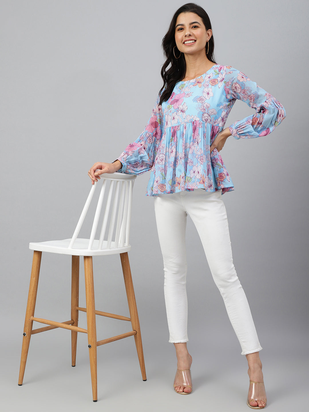 Janasya Women's Sky Blue Georgette Floral Print Flared Top - Distacart