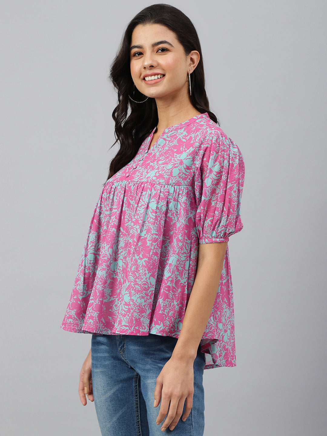 Janasya Women's Pink Georgette Digital Print Flared Top - Distacart