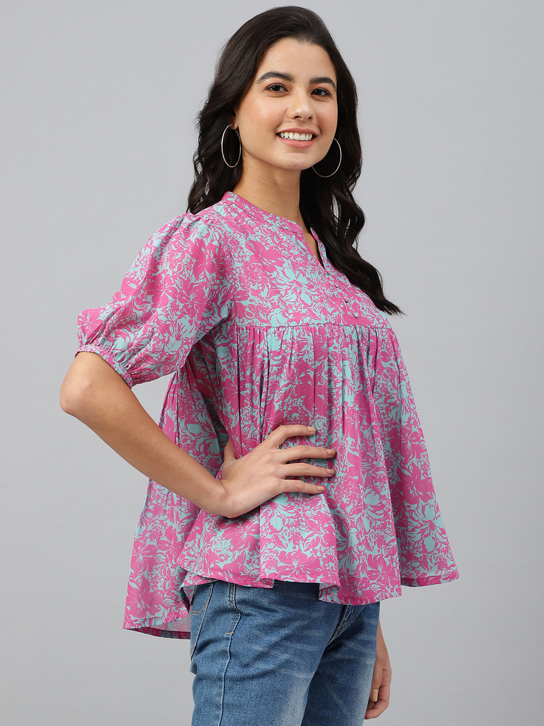 Janasya Women's Pink Georgette Digital Print Flared Top - Distacart