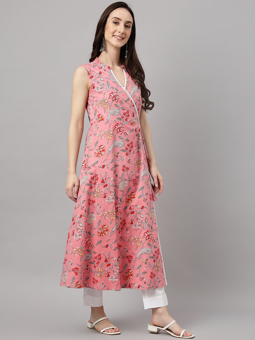 Janasya Women's Pink Cotton Floral Printed Casual Angrakha Kurta - Distacart
