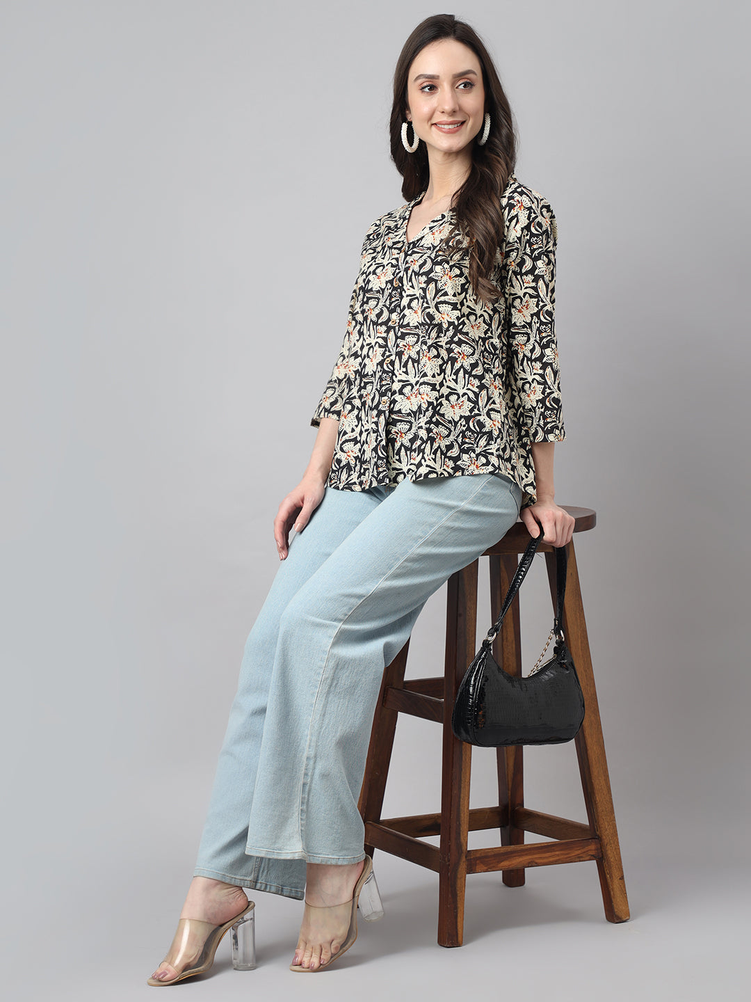 Janasya Women's Black Cotton Floral Print Casual Regular Top - Distacart