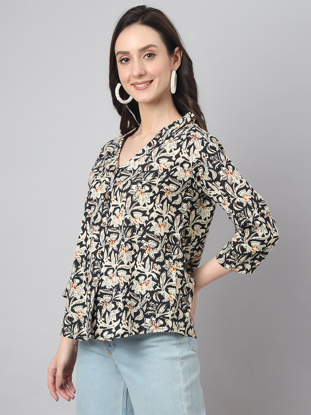 Janasya Women's Black Cotton Floral Print Casual Regular Top - Distacart